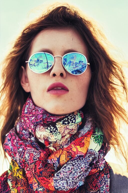 close - up portrait of a beautiful woman wearing sunglasses and a scarf with intricate psychodelic patterns, epic character composition, by katsura masakazu, alessio albi, ilya kuvshinov, nina masic, soft focus, vertical portrait, natural lighting, f 2, 5 0 mm, classic chrome, film grain, cinematic lighting 