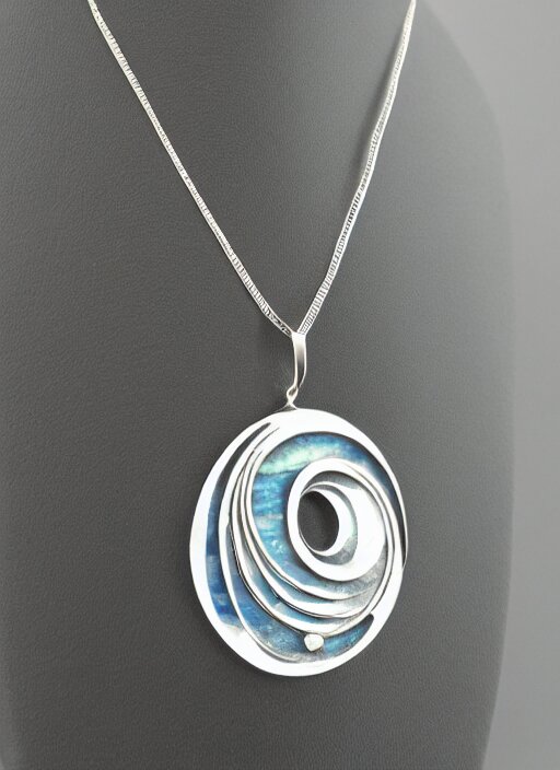 Amulet Of Wave inlaid in silver on a young beautiful woman neck, realistic, clean,