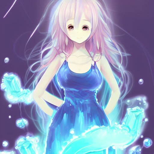 advanced digital art a very cute anime girl wearing a dress made of water turning into mist standing in a crystal lake full body WLOP RossDraws Totorl Sakimimichan