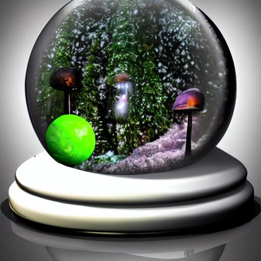 alien planet, lush with fluorescent mushrooms encapsulated in a snow globe, high detail, photorealistic 