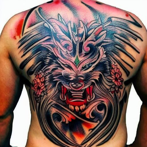 photograph of a Japanese back tattoo, colourful ink, traditional Japanese pattern depicting a werewolf, highly-detailed, beautiful, award winning, 8k