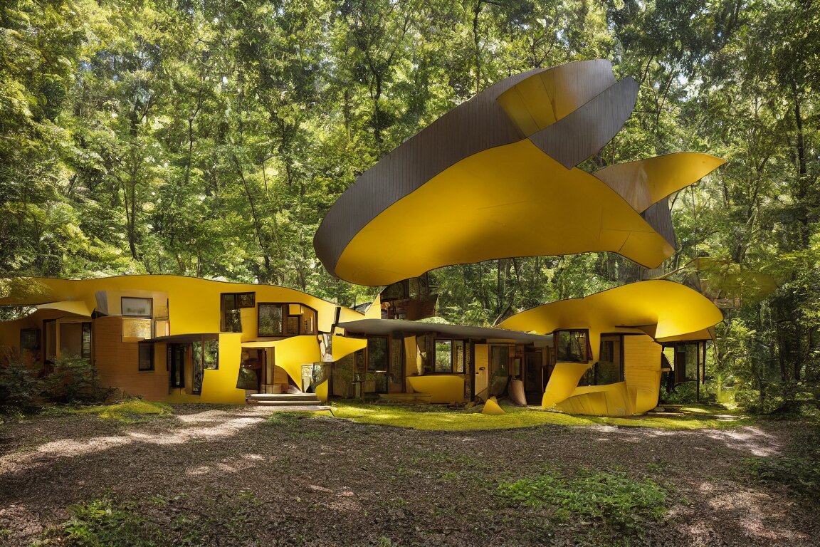 a mid century modern house in a forest, designed by Frank Gehry. Tiles. Small gravel driveway . Film grain, cinematic, yellow hue