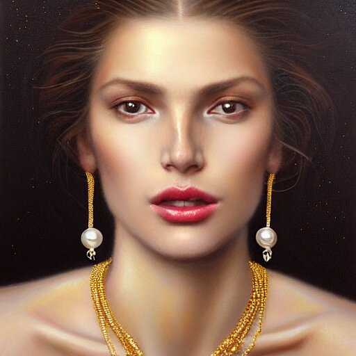 Facial portrait of a gorgeous girl, looking away from the camera, seductive smile, heavy gold jewellery, gold and pearl necklaces, elegant revealing intricate dress, sparkle in eyes, lips slightly parted, long flowing hair, no hands visible, delicate, teasing, arrogant, defiant, bored, mysterious, intricate, extremely detailed painting by Mark Brooks (and by Greg Rutkowski), visible brushstrokes, thick paint visible, no light reflecting off paint, vibrant colors, studio lighting