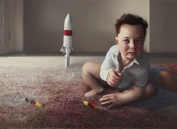 lonely toddler elon musk sitting on a shaggy rug playing with his little rockets, bedroom, realistic painting, beautiful soft lighting, istvan sandorfi 