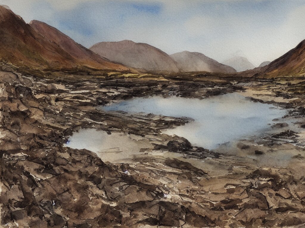 wastwater screes in early evening light painted in watercolours and pencil by william heaton cooper and rock textures by julian cooper 