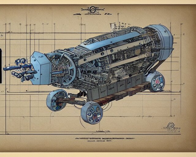 a full page of a mechanical blueprint showing a design for a mechanized sloth from howl's moving castle ( 2 0 0 4 ), with a big head, muted colors, post grunge, studio ghibli, hq, 