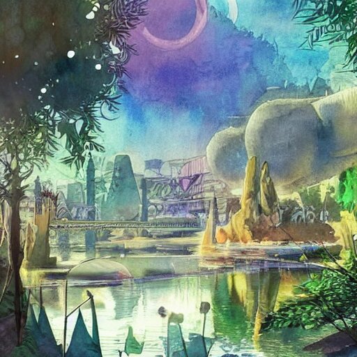 Beautiful happy picturesque charming sci-fi town in harmony with nature. Beautiful light. Water and plants. Nice colour scheme, soft warm colour. Beautiful detailed watercolor by Vincent. (2022)