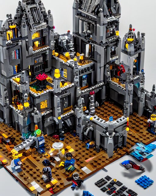 a high quality photograph of an intricate complex lego set of a realistic cyberpunk castle