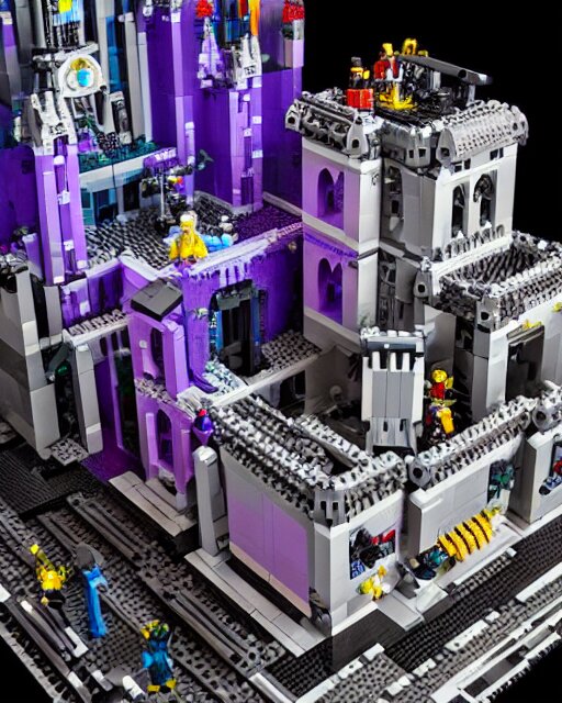 a high quality photograph of an intricate complex lego set of a realistic cyberpunk castle