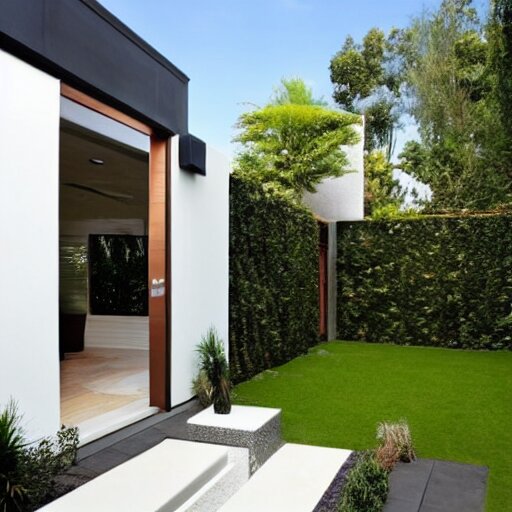 luxury small backyard walls at the sides, modern hut at the back all white, no plants, no grass, brown floor, small pool 