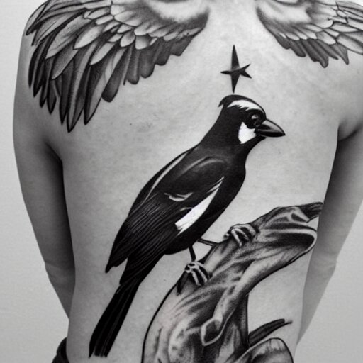 back piece tattoo of a magpie flared out holding a pennant in it's claws, high detail 