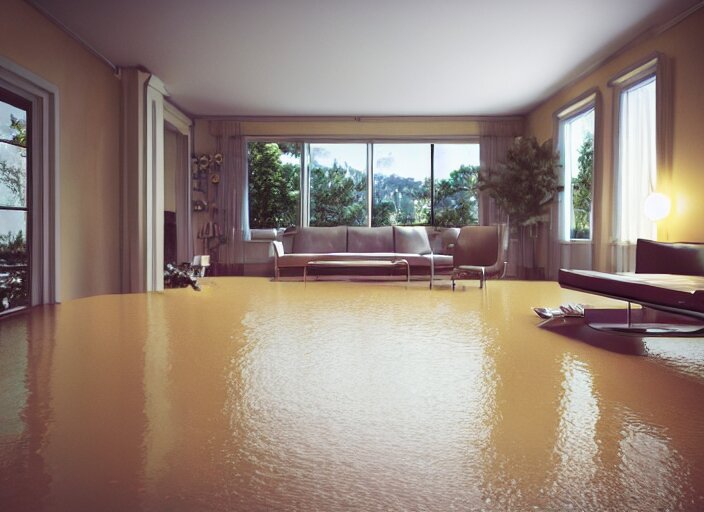 kodak portra 4 0 0 photographic and realistic, 7 0 s living room, detailed, octane render, unreal engine, 4 k, artstation, hyper realistic, wide angle, floor flooded, how a river, objects that float, 3 5 mm, sharp focus, soft light, volumetric light fog, in the style of gregory crewdson 