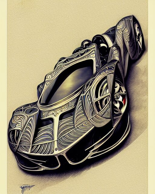 Art nouveau Ferarri car, fantasy, intricate zigzag designs, elegant, highly detailed, sharp focus, art by Artgerm and Greg Rutkowski and WLOP