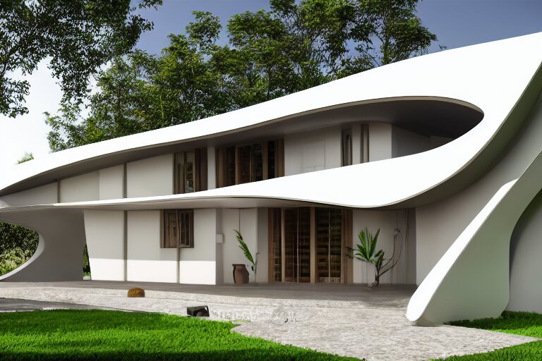 a futuristic assam type house designed by calatrava, bamboo design, realist, render, 8 k 