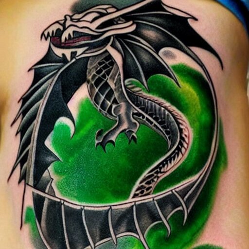 forearm tattoo of a dragon with a green emerald in its mouth, dark and vibrant forearm tattoo