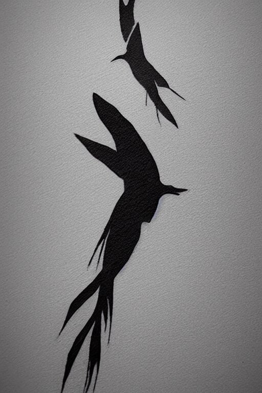 a simple artistic tattoo design of minimalist flying birds, black ink, abstract geometric logo 