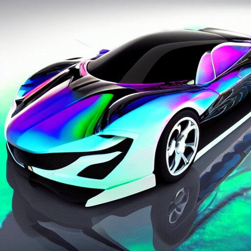 concept car with wings and iridescent paint, octane, grandure, highly detailed, reflective marble floor