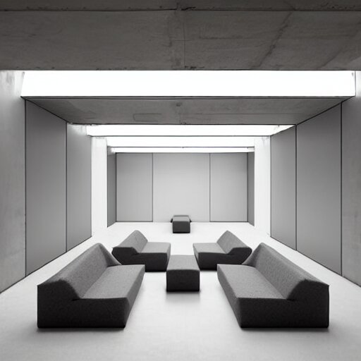 upholstered sofas fluorescent ceiling lighting rectangular water pond in a large minimalistic concrete rectangular room with no windows, a tilt shift photo by leandro erlich, featured on cg society, kitsch movement, hall of mirrors, high dynamic range, studio portrait 