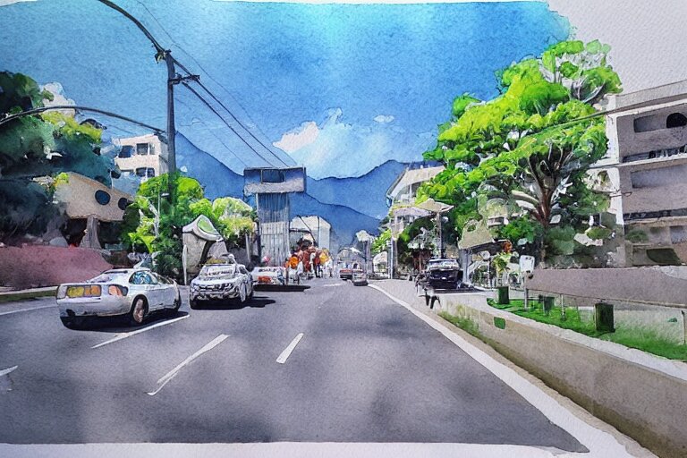 !! watercolor!! penang road in a sunny day, artwork by tooth wu, colorful contrast,!! very coherent!!, dark shadow, thick lineart 