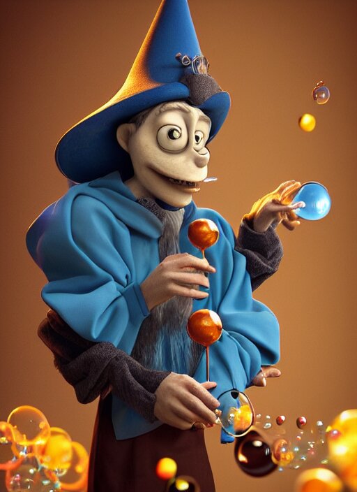 an anthropomorphic beautiful male wizard blowing giant bubbles wearing blue robe, fine art, award winning, intricate, elegant, sharp focus, octane render, hyperrealistic, wizard hat cinematic lighting, highly detailed, digital painting, 8 k concept art, art by jamie hewlett and z. w. gu, masterpiece, trending on artstation, 8 k 