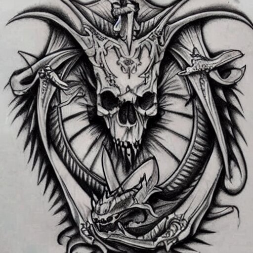 Very detailed masterpiece tattoo sketch of Dragon with skull