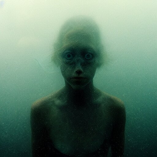 sea monster about to eat pov underwater, pale skin, dark yellowi 