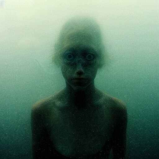 sea monster about to eat pov underwater, pale skin, dark yellowish water, foggy water, dark, dramatic,'silent hill ', big eyes, alluring and terrifying, cinematic 