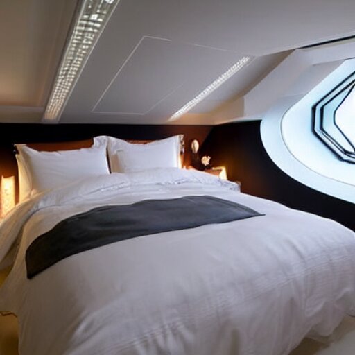  a king size bed with a white bed set in a futuristic space ship with windows looking into outer space, beautiful lighting photograph 