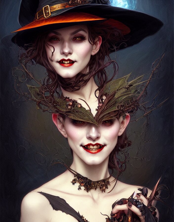 halloween witch woman in a hat smiles, fantasy magic, undercut hairstyle, dark light night, intricate, elegant, sharp focus, illustration, highly detailed, digital painting, concept art, matte, art by wlop and artgerm and greg rutkowski and alphonse mucha, masterpiece 