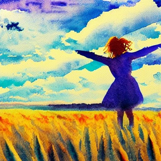 silhouette of a girl in a field of wheat, colorful clouds in the sky, watercolor