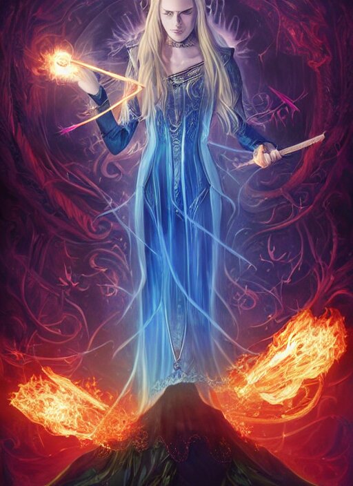 in the style of throne of glass book cover, female magician casting a spell with fireballs in her hands, blue and green magic lights aura, a portal with elvish symbology opened, d & d, fantasy, highly detailed, digital art, trending on artstation, smooth, sharp focus, illustration, art by artgerm and hirokazu yokohara, greg rutkowski, alfonse mucha 