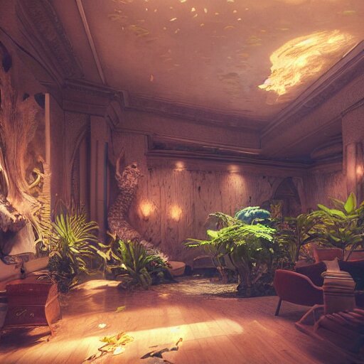 a spacious room with freshwater aquariums as walls, dim light, hyper realistic, ambient lighting, concept art, intricate, hyper detailed, smooth, dynamic volumetric lighting, octane, raytrace, cinematic, high quality, high resolution, 4 k, cgsociety, rutkowski, gurney 