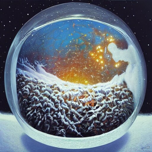 “ depiction of the beginning of the universe inside a snow globe, surreal, award winning, highly detailed, style by mark rogers, paul bonner, oil on canvas. ” 