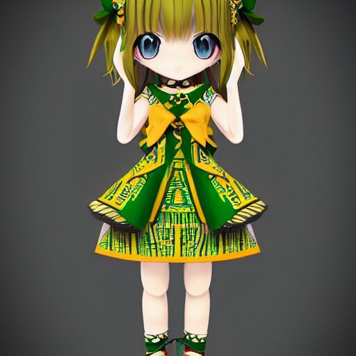 cute fumo plush of a girl in a green and gold tribal patterned dress, stylized material bssrdf, cel shading, vray, anime girl 