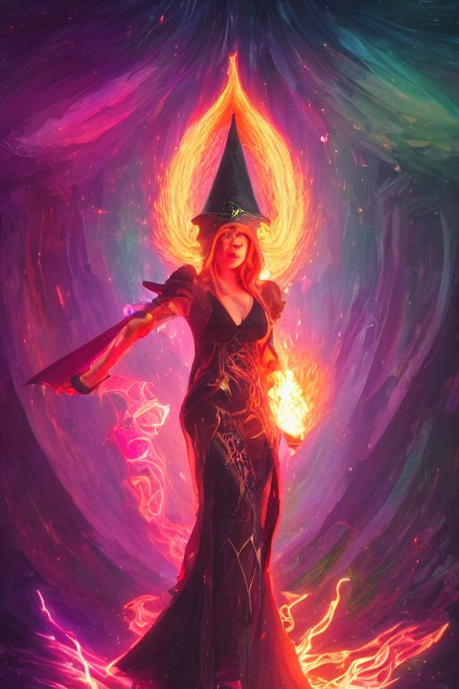 a fancy portrait of a beautiful dark magician women wearing a great witches hat covered in colourfull flames by Greg Rutkowski, Sung Choi, Mitchell Mohrhauser, Maciej Kuciara, Johnson Ting, Maxim Verehin, Peter Konig, final fantasy , mythical, 8k photorealistic, cinematic lighting, HD, high details, atmospheric,