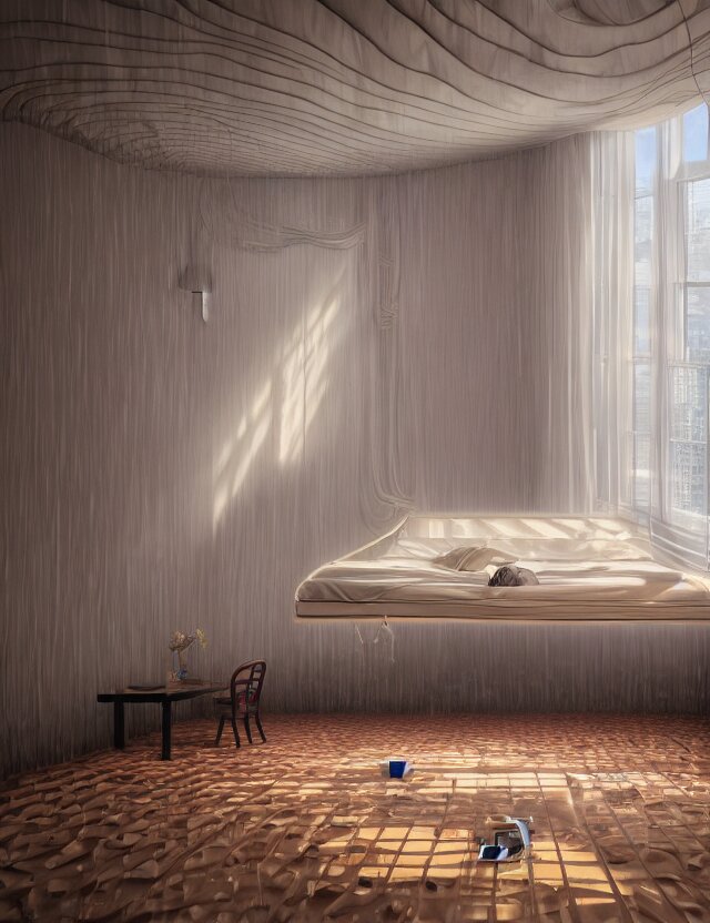 an ultra wide angle photo of a bed hovering above the floor in the middle of a giant bedroom with windows opening to other worlds by casey weldon and lee madgewick, photorealistic, octane render, recursive, flowing, cascading, multiverse, labyrinthine 