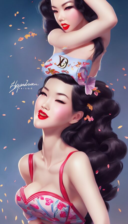 a pin up and beautiful fashion and charming and dreamlke asian girl with lv jewelry, medium shot, art by artgerm & ross tran & wlop, hyperdetailed, 8 k realistic, symmetrical, frostbite 3 engine, cryengine, dof, trending on artstation, digital art 