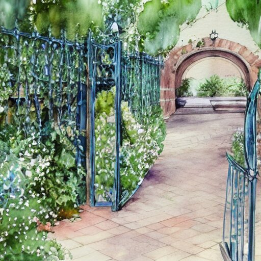 delicate, garden, paved, botanic watercolors, iridescent, 8 k, realistic shaded, fine details, artstation, italian, chairs, iron gate, pine maritime, mediterranean 