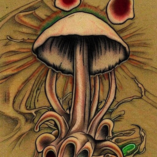 mushroom in decay, tattoo art, japanese, color restoration, vortex, highly detailed, 