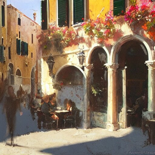 italian restaurant in venice, sunny, shadows, craig mullins 