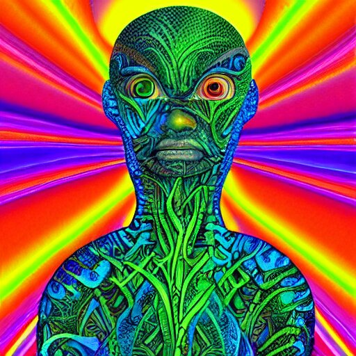 a digital painting close shot of an alien pondering into your soul, green trees in the background, alex grey, lisa frank, colorful, vibrant,