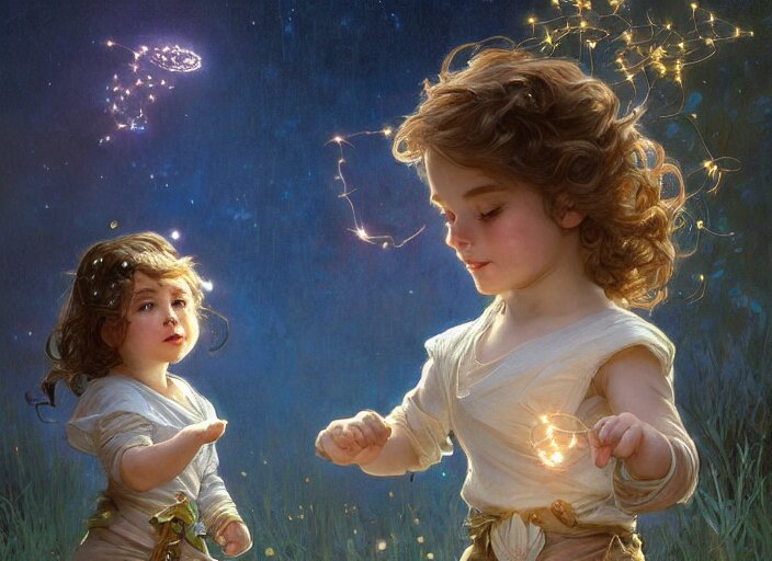 A cute little girl with shoulder length curly brown hair and a cute little boy with short blonde hair dancing with fireflies. beautiful fantasy art by By Artgerm and Greg Rutkowski and Alphonse Mucha, trending on artstation.