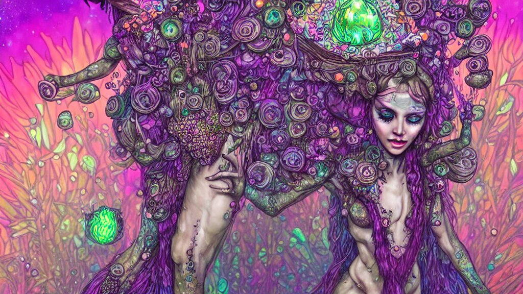 mushroom goddess, overgrown nature, dripping crystals, full body dynamic pose, attractive form, psychedelic dmt deity, high detailed illustration, cyber goth pin up girl, visionary art, fully colored and rendered 