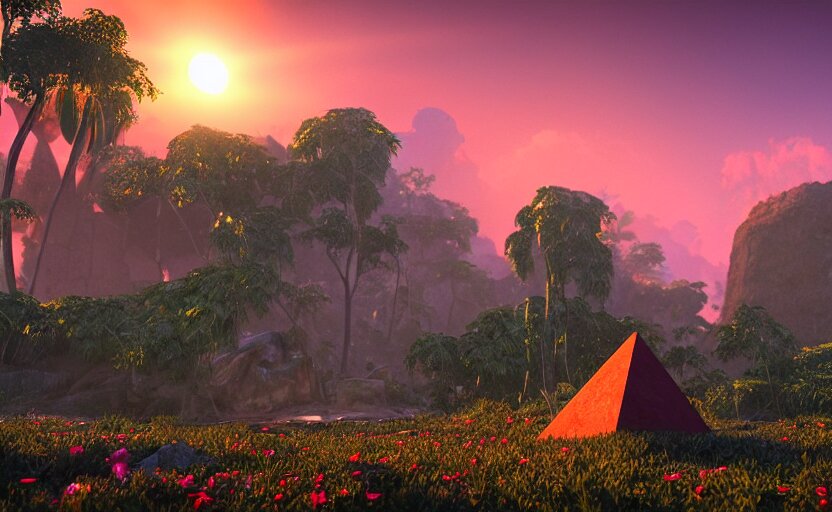 a crystal tetrahedron!!! in the middle of ancient ruins in a lush prehistoric jungle, inside a humongous cave, red and magenta flowers, sunset, godrays, orange and blue sky, haze, volumetric lighting, a high - quality render, photorealistic, unreal engine 5 