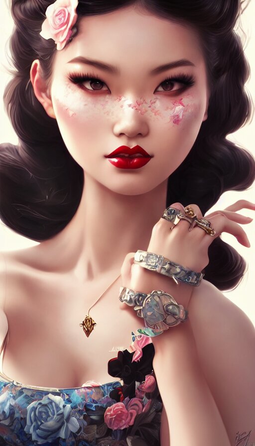 a pin up and beautiful fashion and charming and dreamlke asian girl with lv jewelry, medium shot, art by artgerm & ross tran & wlop, hyperdetailed, 8 k realistic, symmetrical, frostbite 3 engine, cryengine, dof, trending on artstation, digital art 