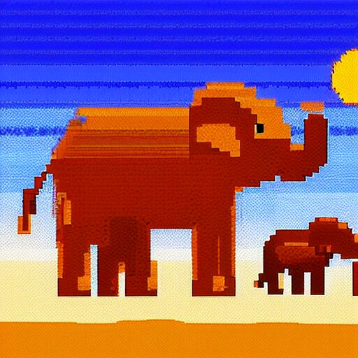 pixel art of elephants walking in the sahara desert 