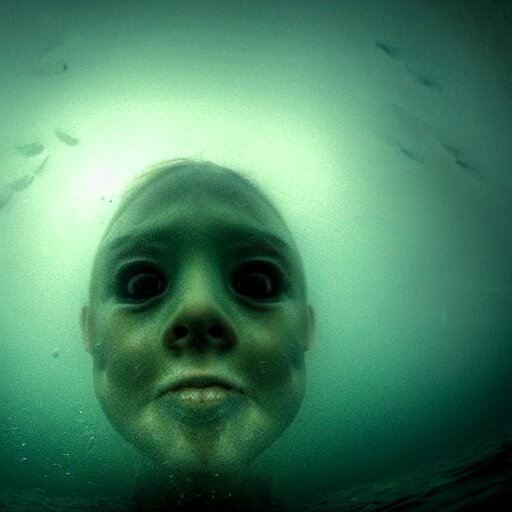 sea monster about to eat pov underwater, pale skin, dark yellowish water, foggy water, dark, dramatic,'silent hill ', big eyes, alluring and terrifying, cinematic 