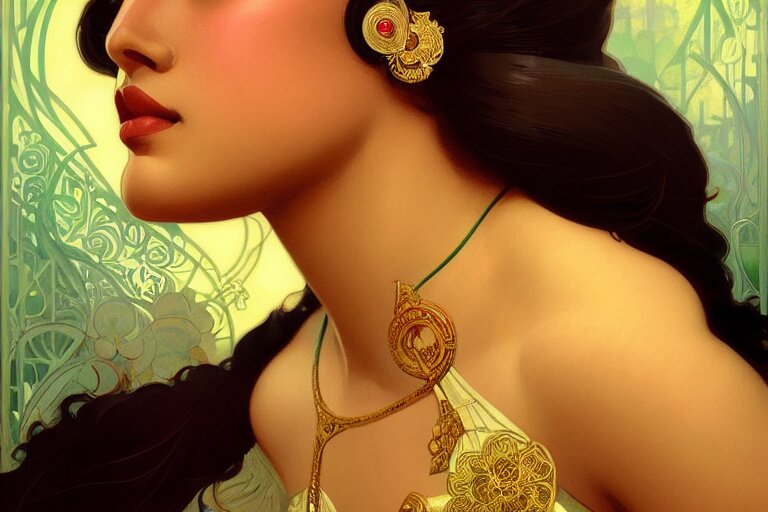 sensual bengali girl, art deco portrait, elegant, intricate, digital painting, artstation, concept art, smooth, sharp focus, illustration, art by artgerm and greg rutkowski and alphonse mucha 