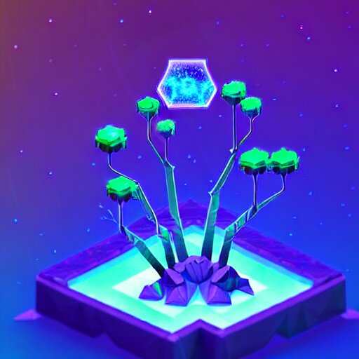 mobile game asset, isometric staircase, crystals, organic low poly vector design, bioluminescent alien - like plants of pandora, aesthetic of avatar's alien nature. we can see alien plants glowing in the dark arround the isometric itens in dark place cyan, orange smooth glow night photoshop filter low poly behance hd 