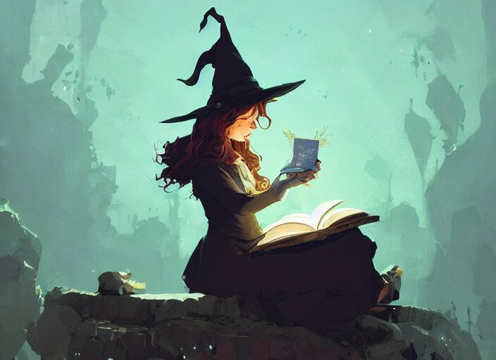 a little witch opening a book of magic art by craig mullins, james gilleard, by joe fenton, by greg rutkowski, by greg tocchini, by kaethe butcher, 4 k resolution, gradient yellow, black, brown and cyan color scheme, grunge aesthetic!!! 